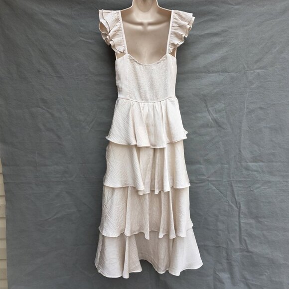 Altar'd State Champagne Dress Ruffle Tiered Satin Romantic Sz XS Sweetheart Neck - Picture 2 of 7